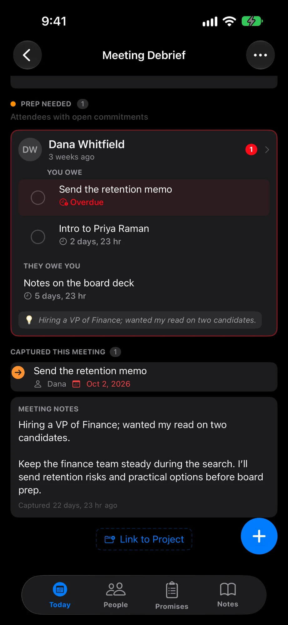 Knoito's Meeting Debrief screen: the retention memo promise captured during a conversation with Dana Whitfield, with the meeting notes behind it.