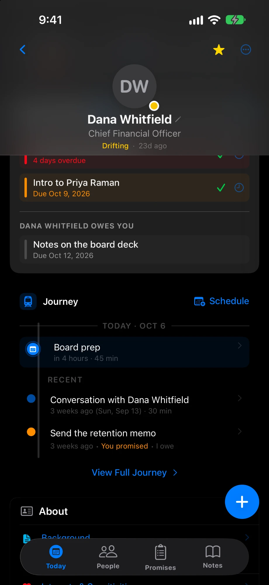 Dana Whitfield's Journey: today's Board prep, the conversation three weeks ago, and the retention memo promised in it.