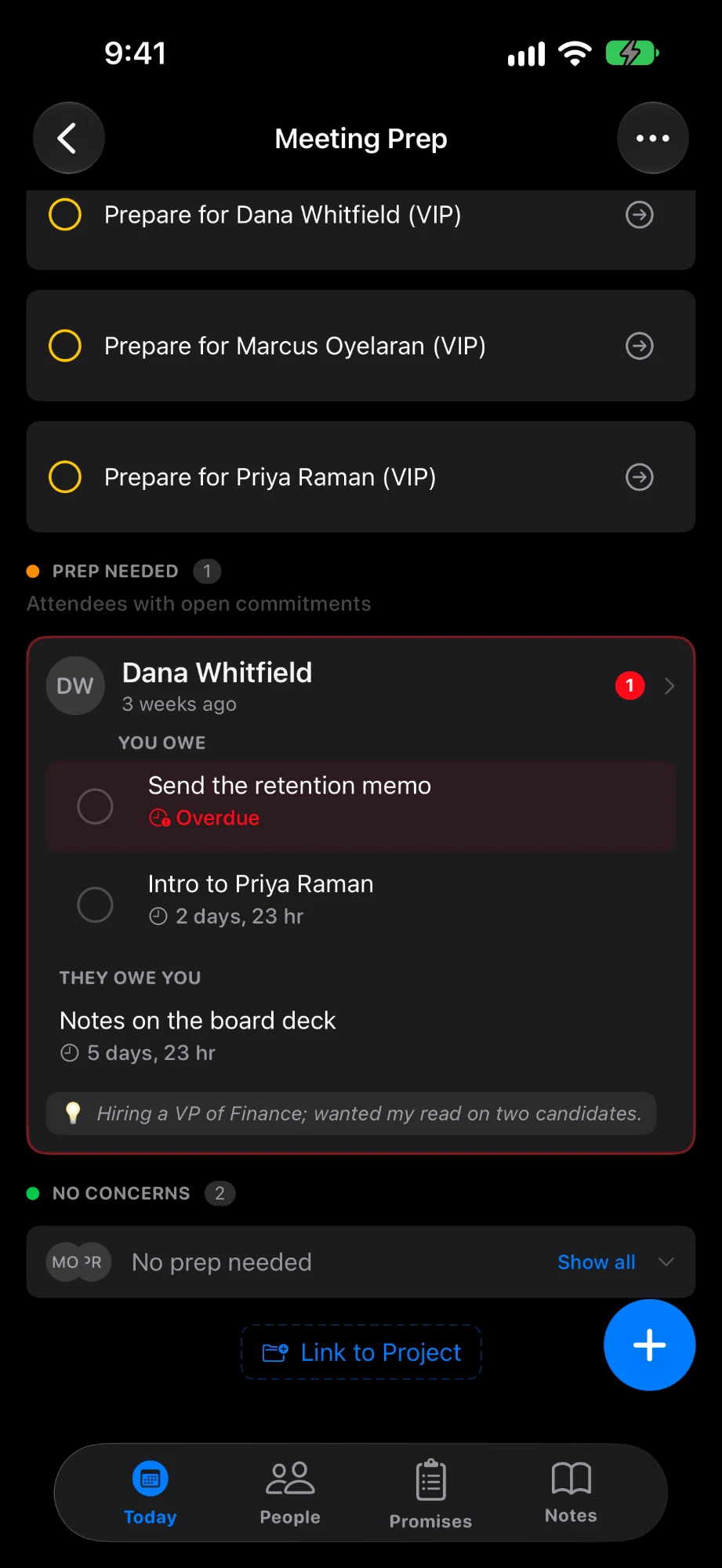Knoito's Meeting Prep screen for Dana Whitfield: an overdue retention memo and an intro to Priya Raman under You owe, board deck notes under They owe you.