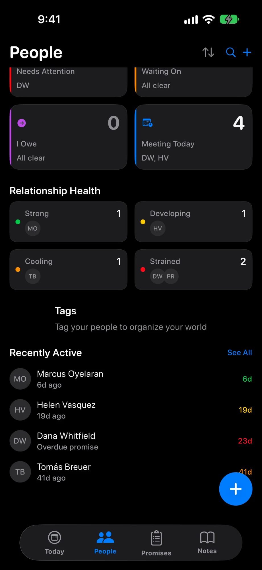 Knoito's People screen: relationship health grouped as Strong, Developing, Cooling and Strained, with recently active contacts and days since last contact.
