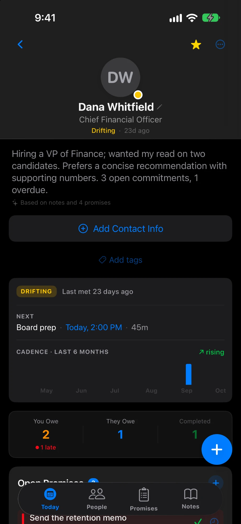 Dana Whitfield's profile: a summary from your notes, relationship status Drifting, last met 23 days ago, the next meeting, and meeting cadence over six months.