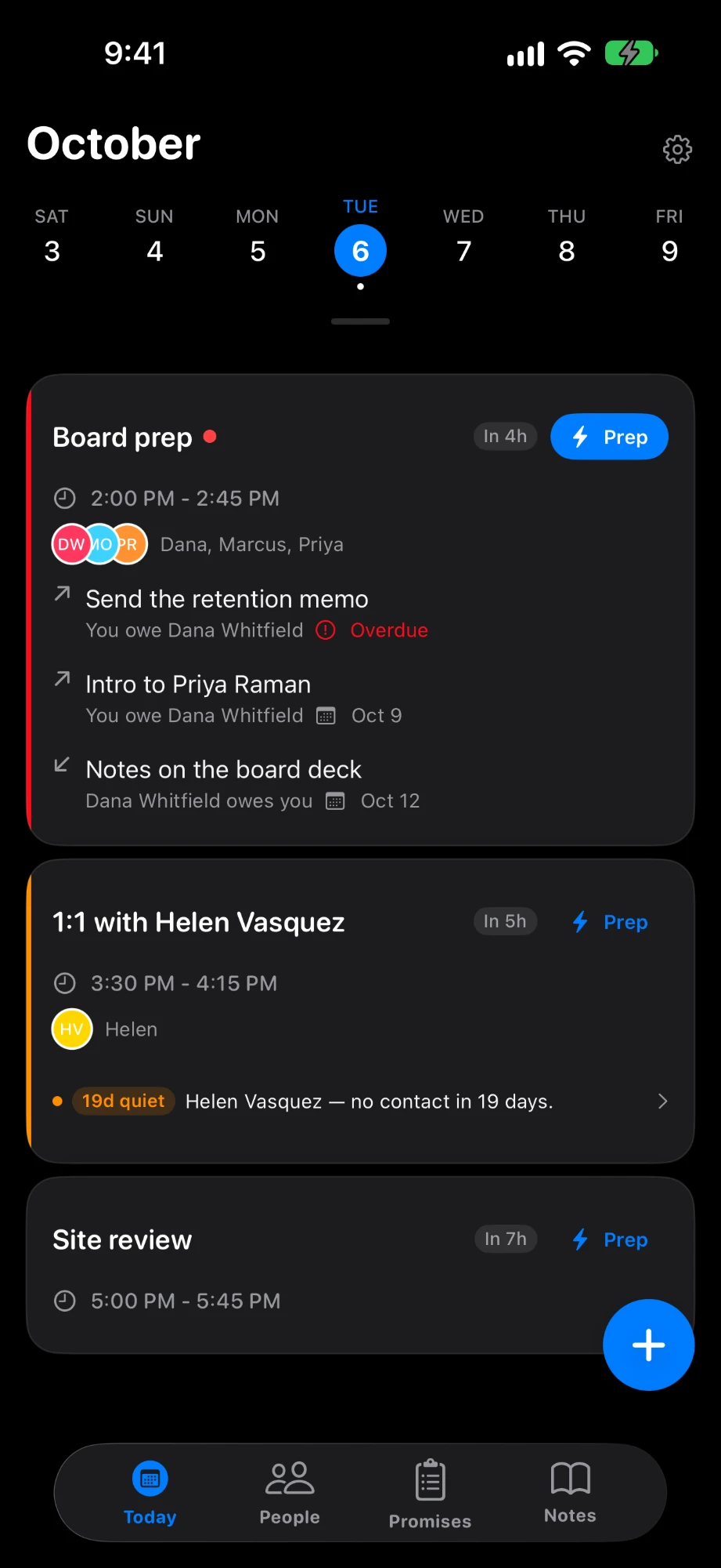 Knoito's Today screen: Board prep at 2:00 PM with an overdue promise to Dana Whitfield, a 1:1 with Helen Vasquez flagged as 19 days quiet, and a Prep button on each meeting.